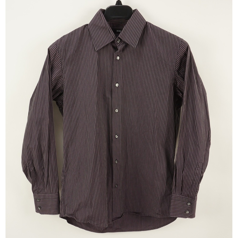 Hugo Boss Enzo Mens 15.5 Long Sleeve Purple Black Striped Cotton Button Up Shirt